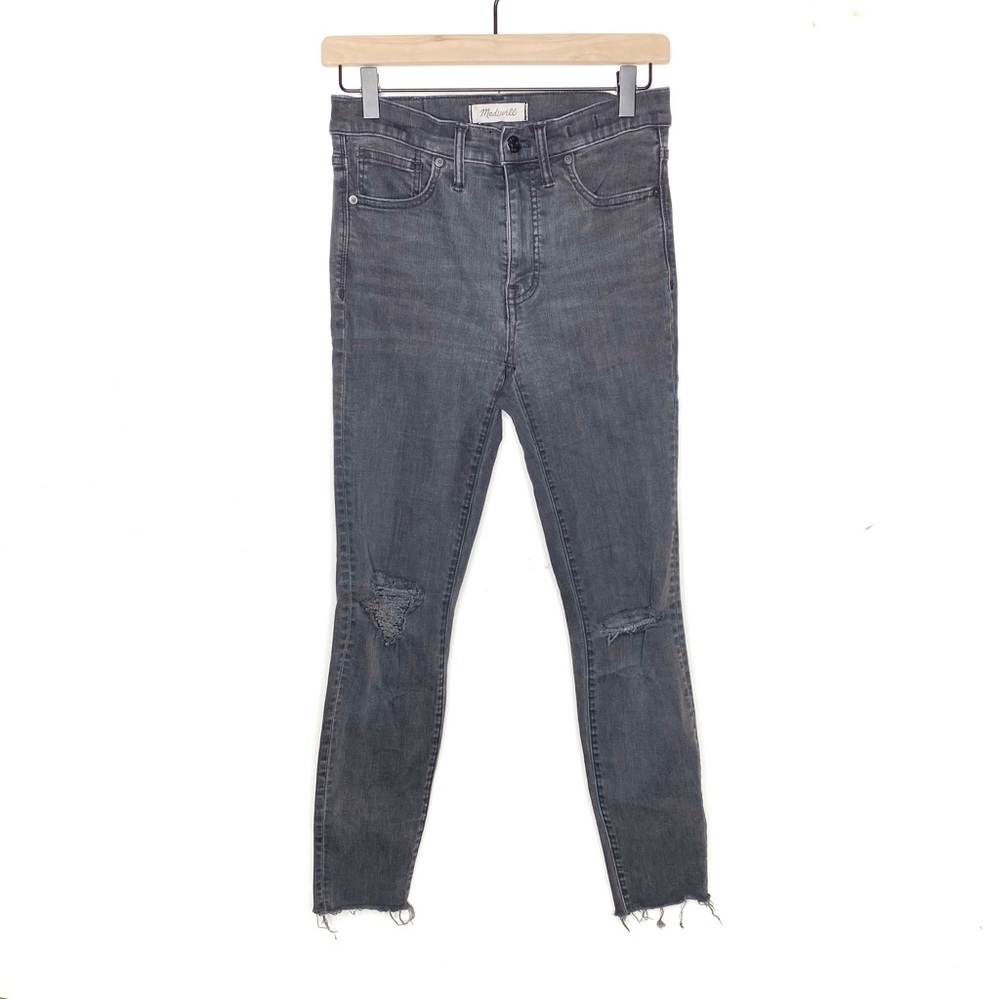Madewell 9” High Rise Skinny Jeans 27 Black Gray Ripped Knee Raw Hem Ankle